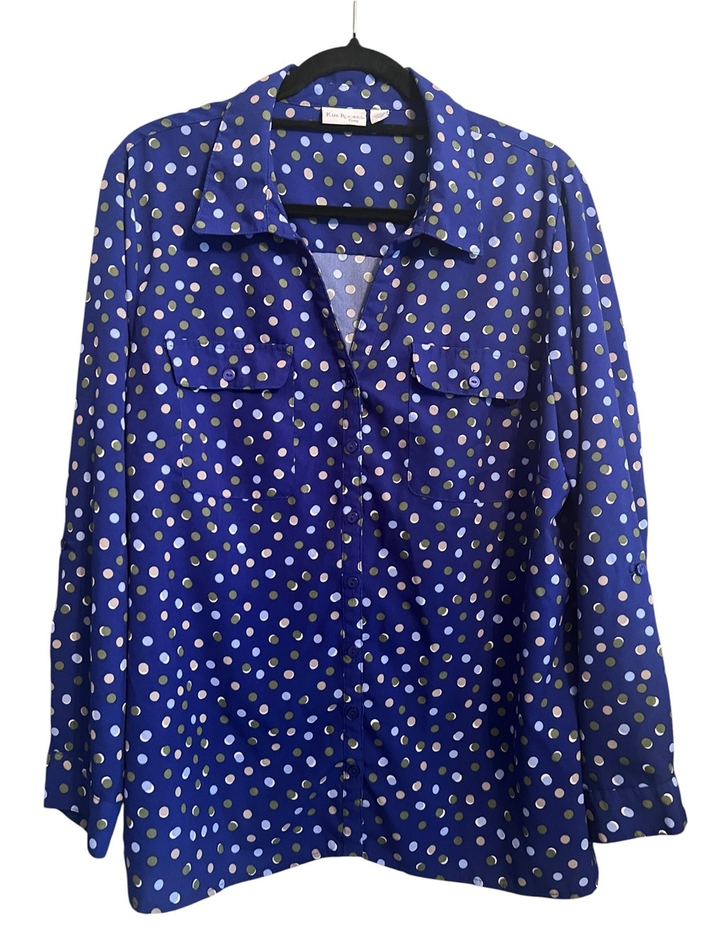 Kim Rogers Curvy 2X Blue Polka Dot Button Front Blouse Roll Tab Top
